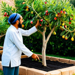 An individual, fully clothed in modest, comfortable gardening attire, gently harvests ripe fruit from a thriving fig tree in a lush, sun-drenched backyard garden. The garden is a vibrant oasis in an arid Arab region, showcasing diverse perennial plants like olive trees, pomegranate bushes, and low-growing herbs, all flourishing with smart irrigation. The scene emphasizes abundance and sustainable living. Perfect anatomy, correct proportions, natural pose, well-formed hands, proper finger count, natural body proportions. Professional photography, high quality, sharp focus, natural lighting. Safe for work, appropriate content, fully clothed, family-friendly.