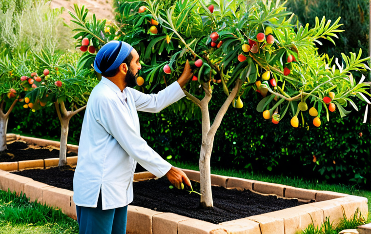 An individual, fully clothed in modest, comfortable gardening attire, gently harvests ripe fruit from a thriving fig tree in a lush, sun-drenched backyard garden. The garden is a vibrant oasis in an arid Arab region, showcasing diverse perennial plants like olive trees, pomegranate bushes, and low-growing herbs, all flourishing with smart irrigation. The scene emphasizes abundance and sustainable living. Perfect anatomy, correct proportions, natural pose, well-formed hands, proper finger count, natural body proportions. Professional photography, high quality, sharp focus, natural lighting. Safe for work, appropriate content, fully clothed, family-friendly.