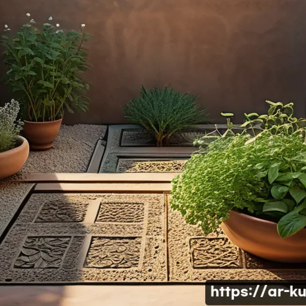 정원에서 다년생 식용 식물의 생리학적 이해 - A detailed botanical illustration of a perennial herb garden in a traditional Middle Eastern courtya...
