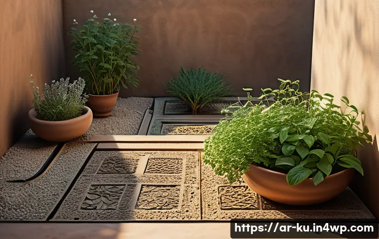 정원에서 다년생 식용 식물의 생리학적 이해 - A detailed botanical illustration of a perennial herb garden in a traditional Middle Eastern courtya...