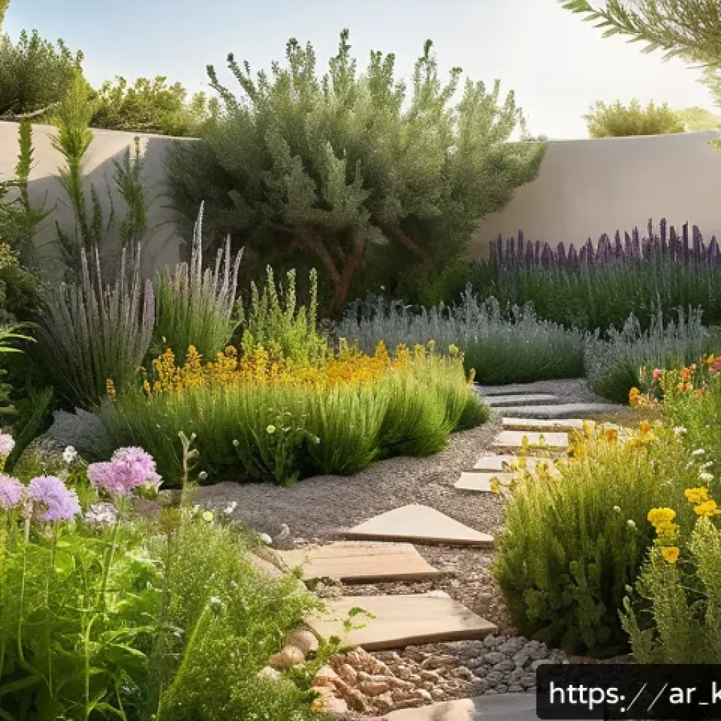 다년생 식용 정원 설계의 성공 사례 분석 - A lush, sustainable edible garden in a warm Middle Eastern climate, featuring perennial herbs like t...