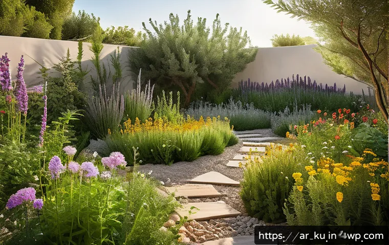 다년생 식용 정원 설계의 성공 사례 분석 - A lush, sustainable edible garden in a warm Middle Eastern climate, featuring perennial herbs like t...