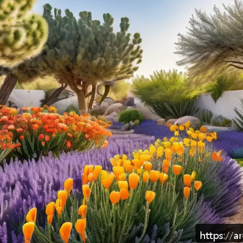 정원에서 다년생 식물을 활용한 지속 가능성 - A vibrant home garden scene in a warm, sunny Arabian setting featuring drought-resistant plants such...