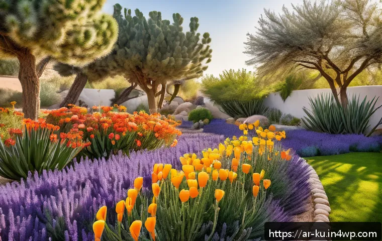 정원에서 다년생 식물을 활용한 지속 가능성 - A vibrant home garden scene in a warm, sunny Arabian setting featuring drought-resistant plants such...