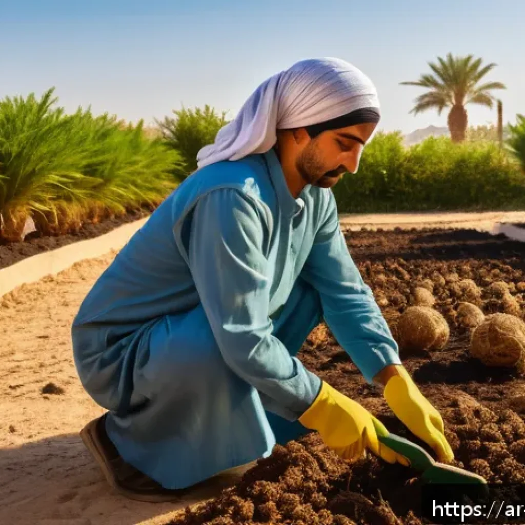 다년생 식용 정원에서의 수확 후 관리 방법 - A vibrant Middle Eastern garden scene after harvest, showing a gardener wearing traditional light cl...