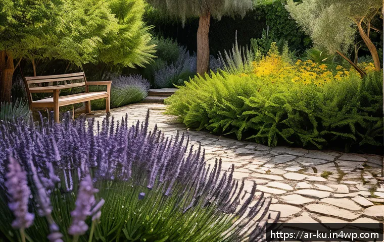정원 설계를 위한 다년생 식물의 이점 - A vibrant, sustainable Middle Eastern garden scene featuring perennial plants such as lavender, jasm...