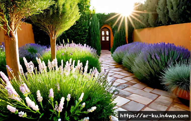정원에서의 다년생 식물의 장점과 단점 - Photorealistic sunlit home garden in an Arab courtyard, a healthy established perennial flower bed w...