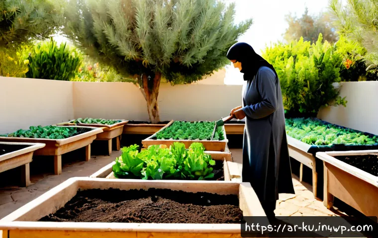 다년생 식용 정원과 유기농 재배의 관계 - Photorealistic organic perennial edible garden in a sunlit Middle Eastern courtyard, raised beds fil...